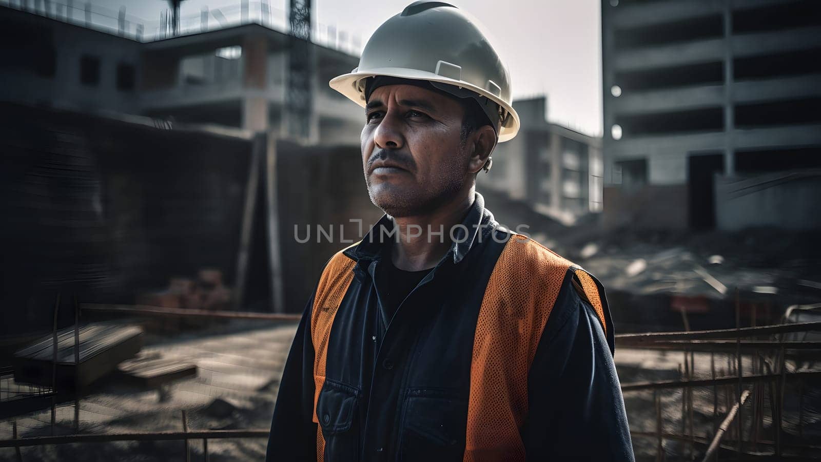 A construction worker or foreman at a construction site. Neural network generated in May 2023. Not based on any actual person, scene or pattern.