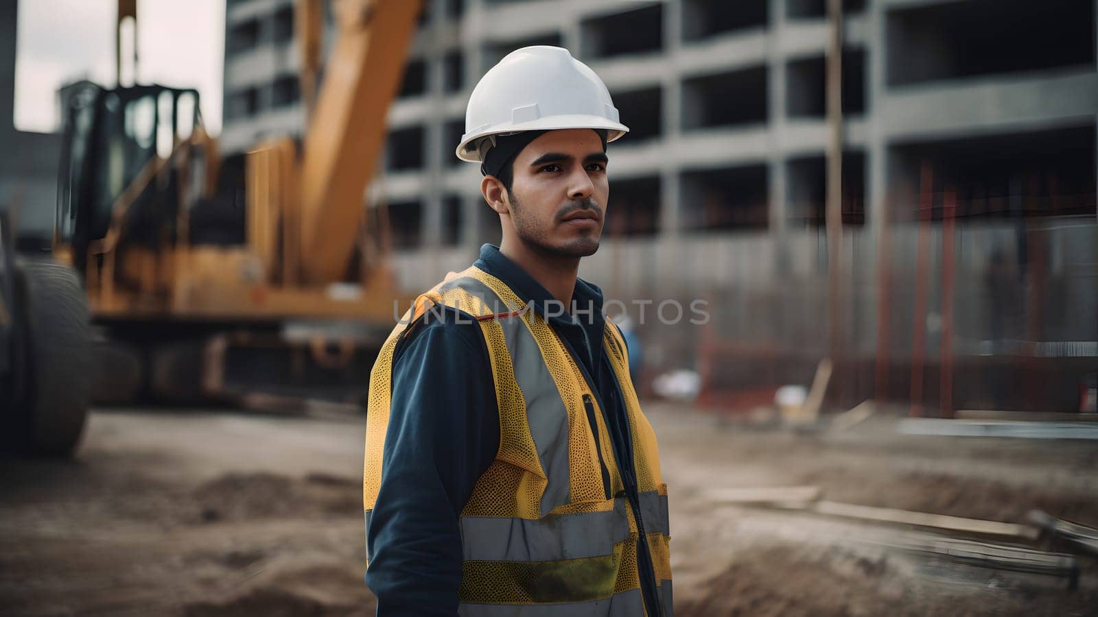 A construction worker or foreman at a construction site. Neural network generated in May 2023. Not based on any actual person, scene or pattern.