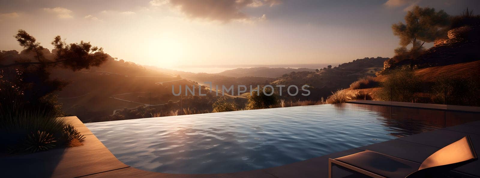 a pool on terrace with overlooking hill view at expensive villa or rich resort, neural network generated photorealistic image by z1b