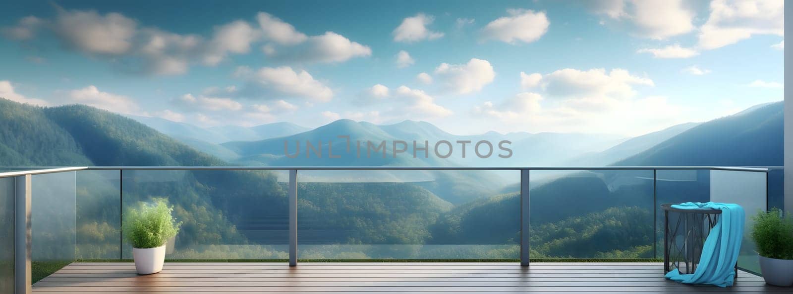 beautiful mountain view from luxury terrace at summer day, neural network generated photorealistic image by z1b