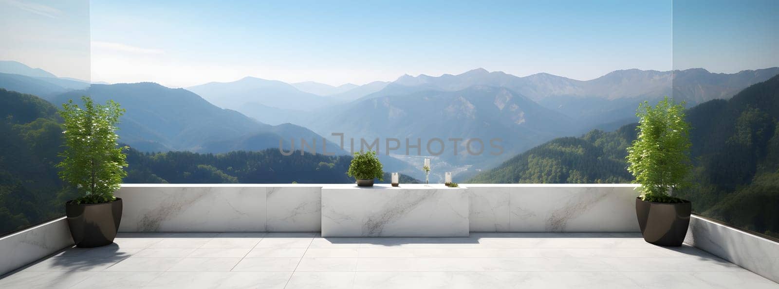 beautiful mountain view from luxury terrace at summer day, neural network generated photorealistic image by z1b