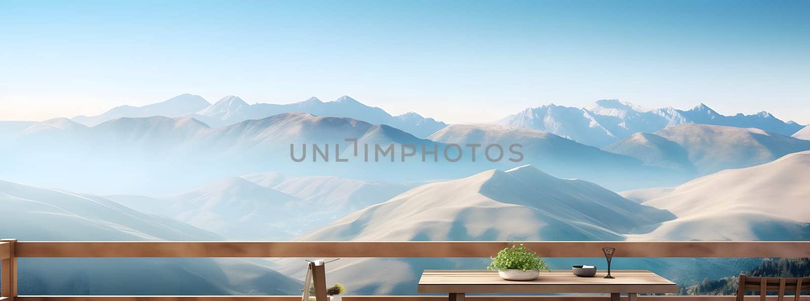 beautiful mountain view from luxury terrace at summer day, neural network generated photorealistic image by z1b
