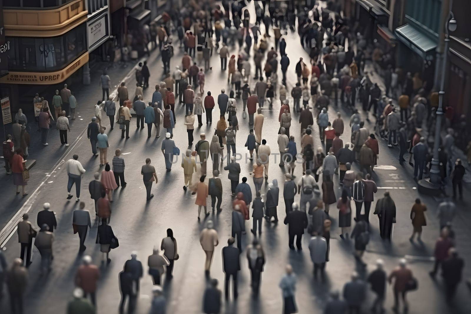 crowd of people walking on city street at summer morning. Neural network generated in May 2023. Not based on any actual person, scene or pattern.