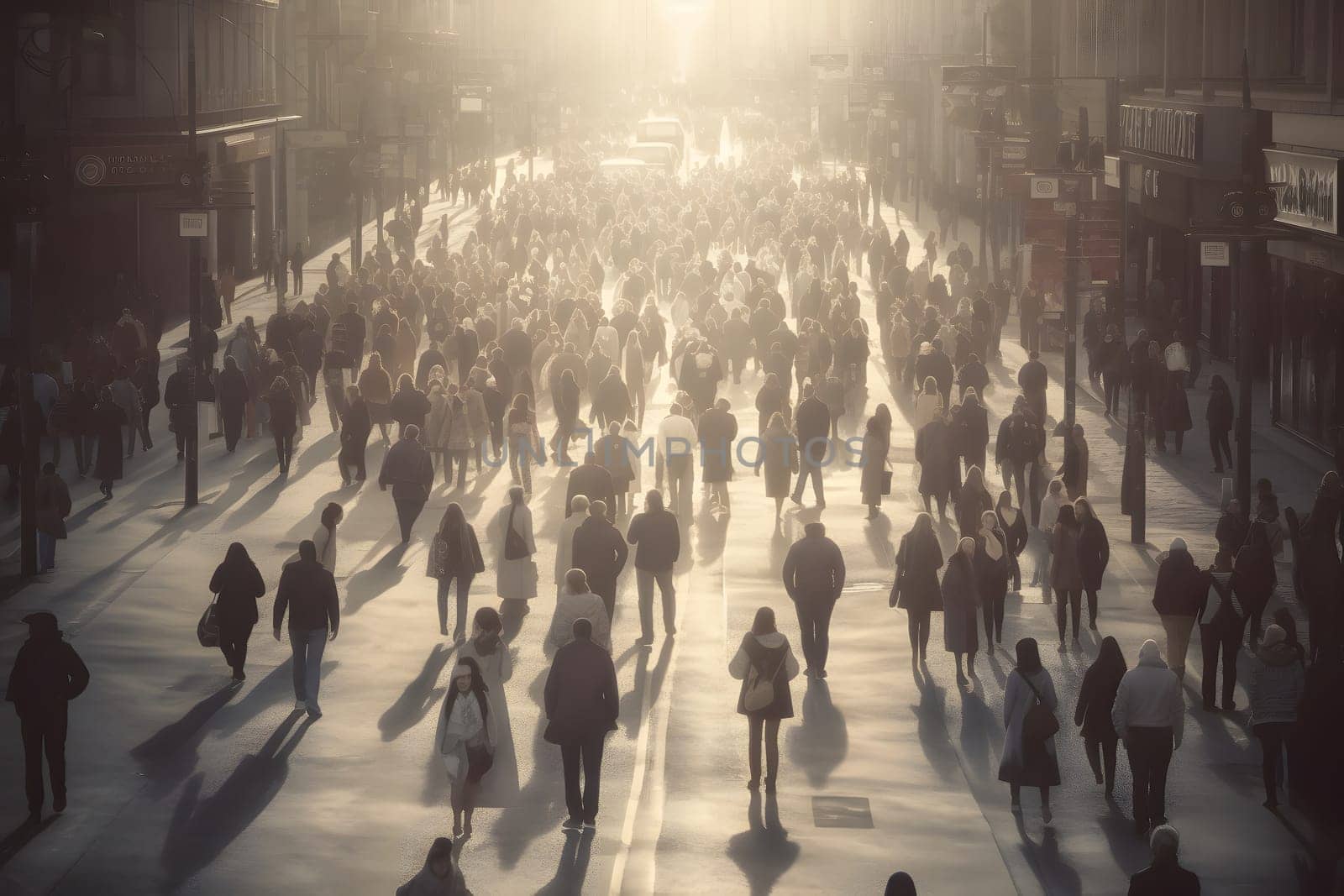 crowd of people walking on city street at foggy morning. Neural network generated in May 2023. Not based on any actual person, scene or pattern.