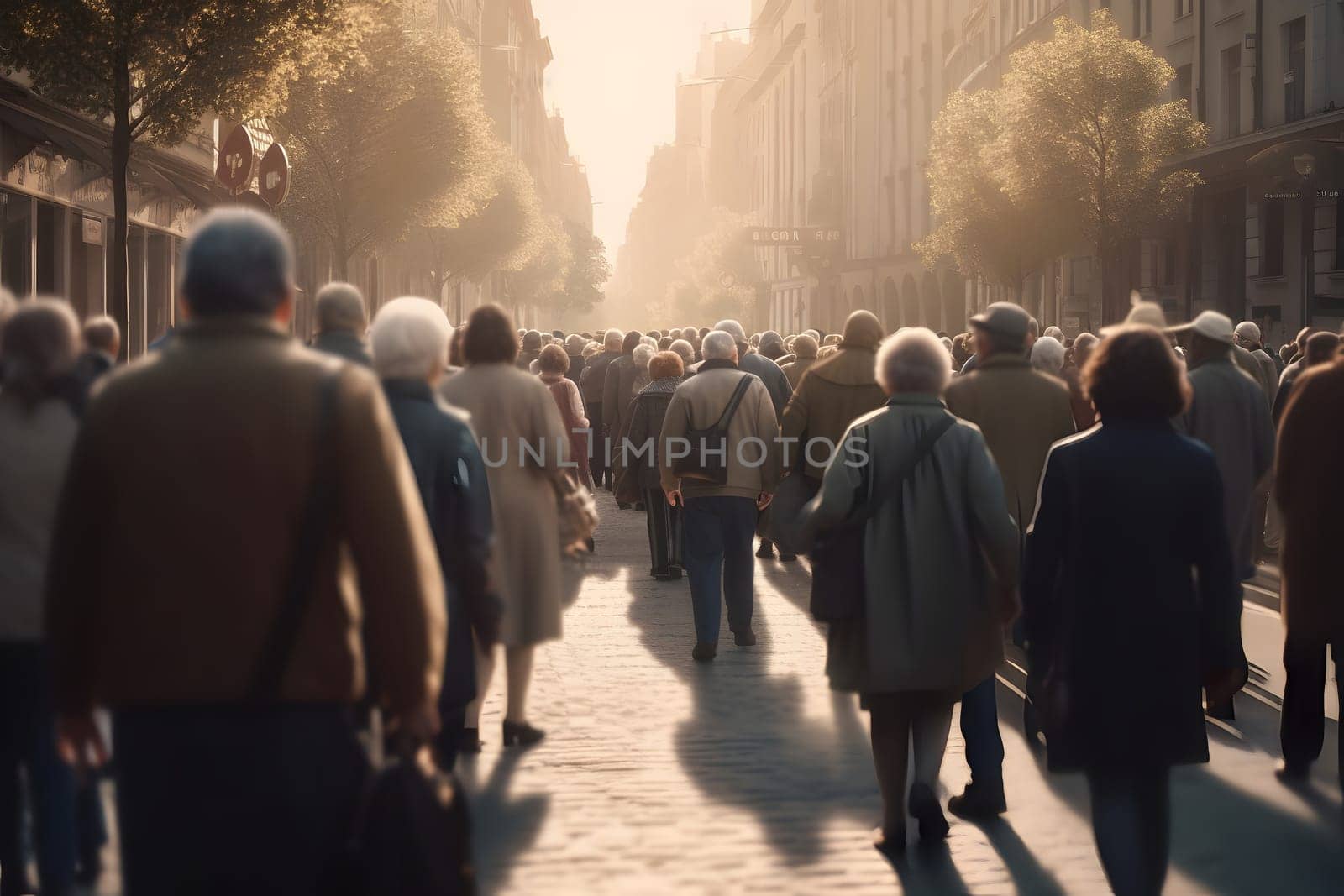crowd of people walking on city street at foggy morning. Neural network generated in May 2023. Not based on any actual person, scene or pattern.