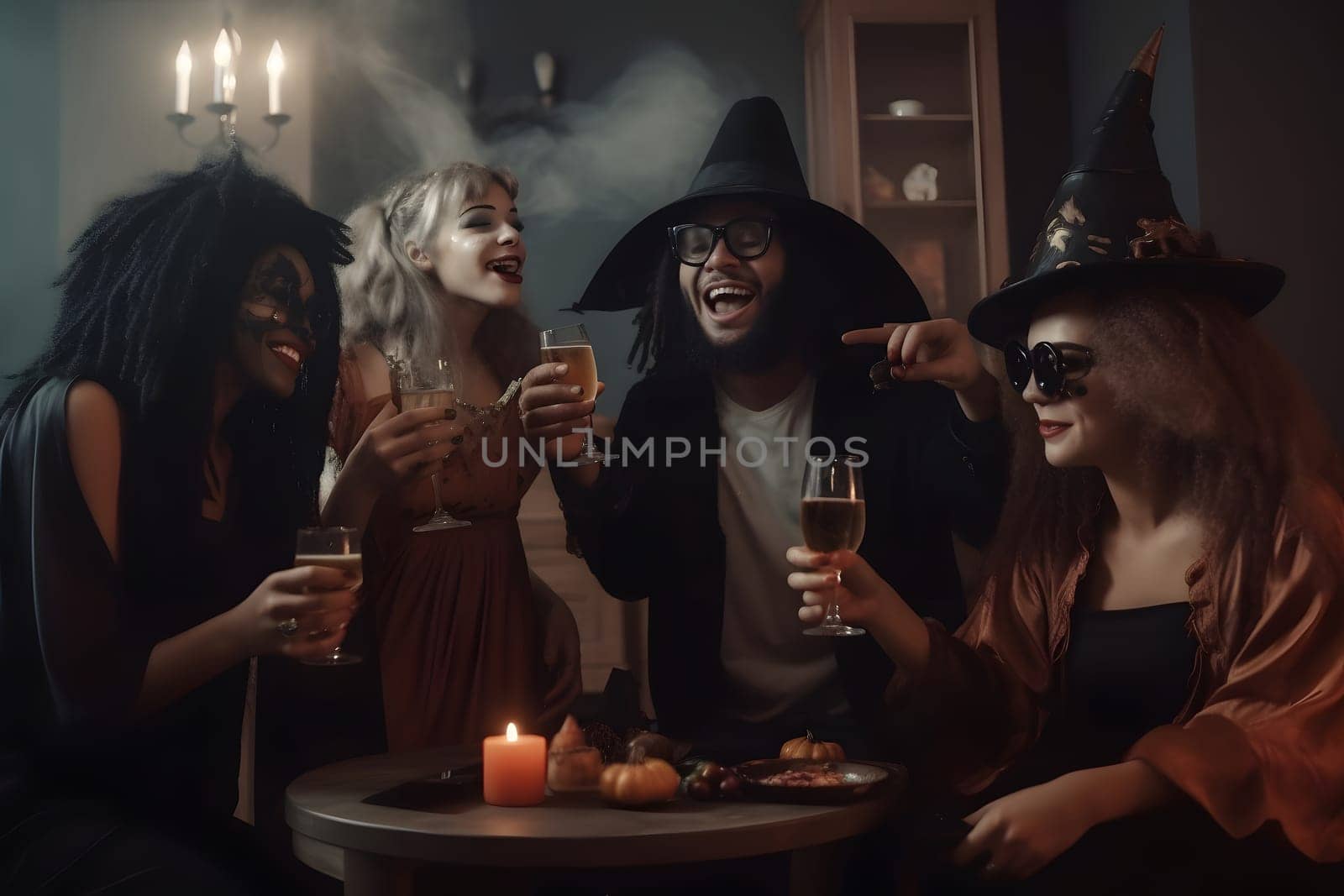 Happy young people drinking and having fun at domestic halloween party with costumes. Neural network generated in May 2023. Not based on any actual person, scene or pattern.