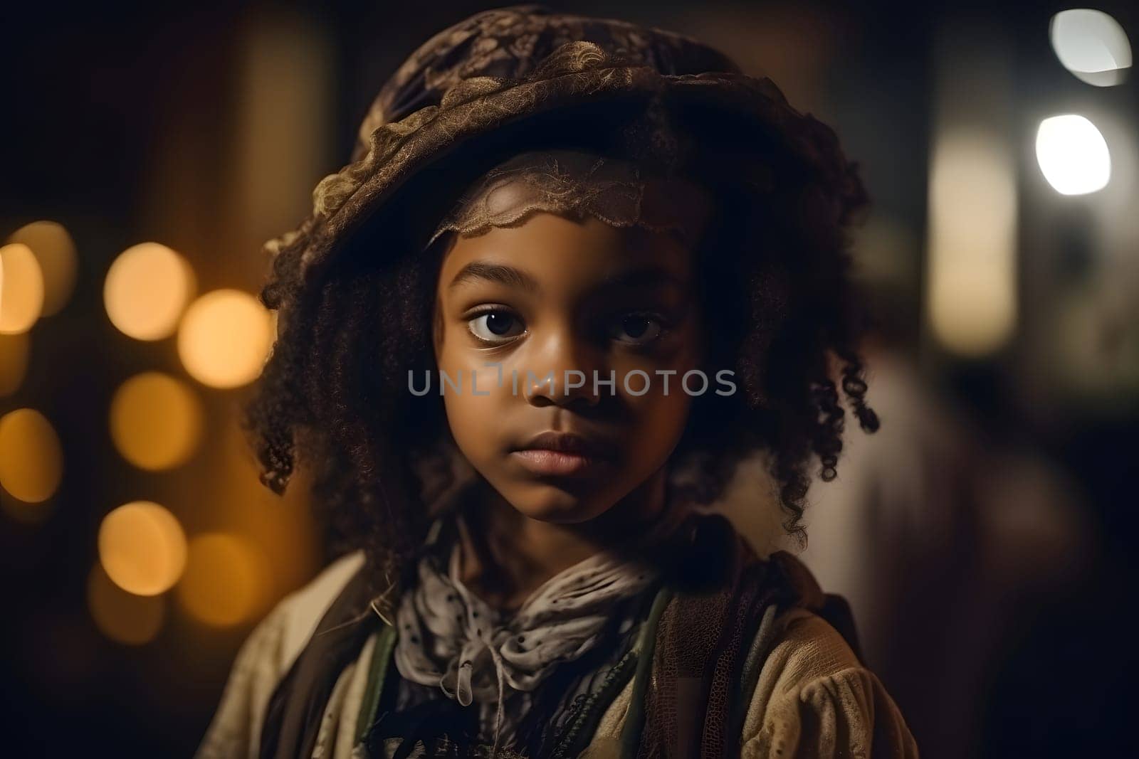 close portrait of young african american girl dressed in costume for halloween party. Neural network generated in May 2023. Not based on any actual person, scene or pattern.