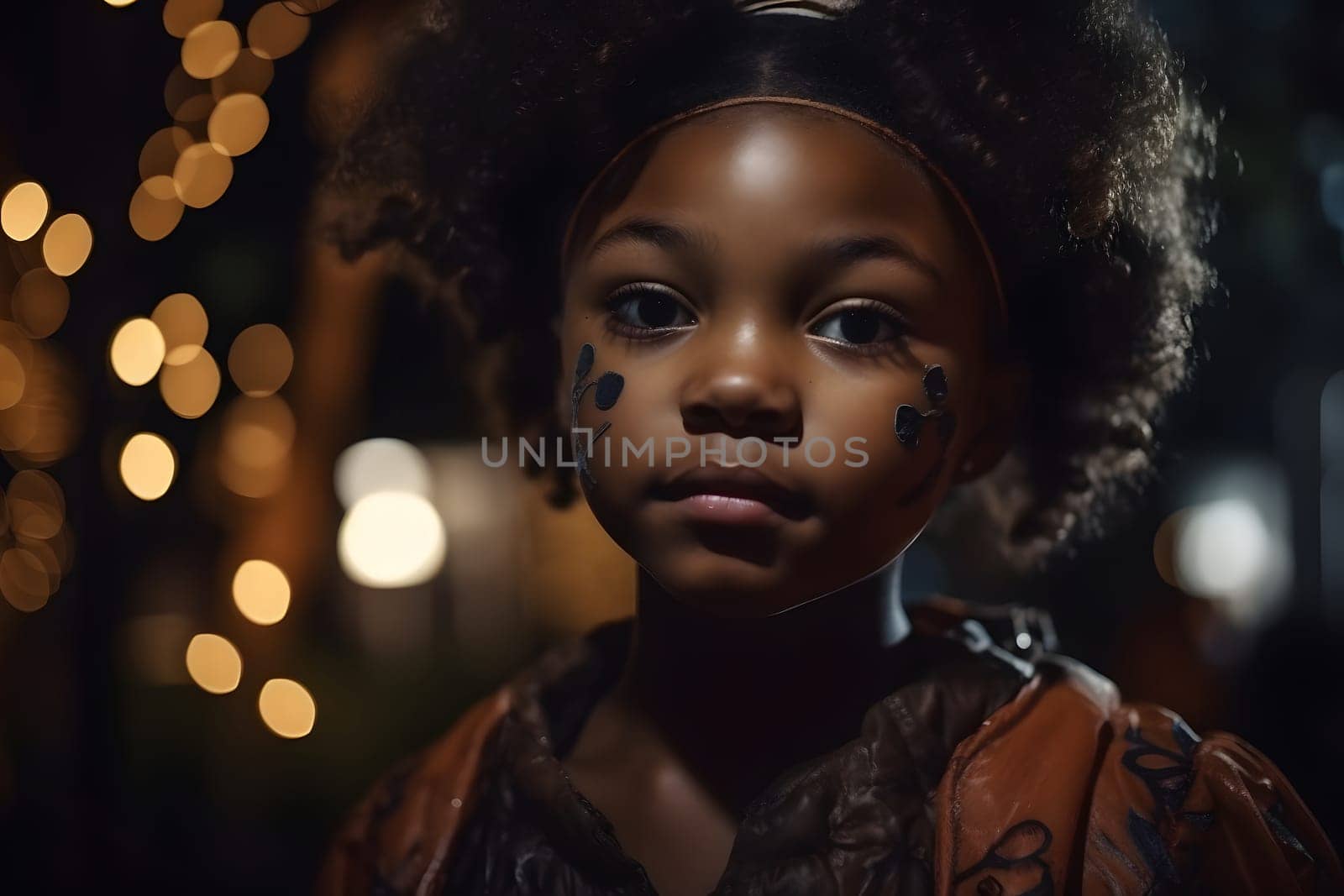 close portrait of young african american girl dressed in costume for halloween party. Neural network generated in May 2023. Not based on any actual person, scene or pattern.