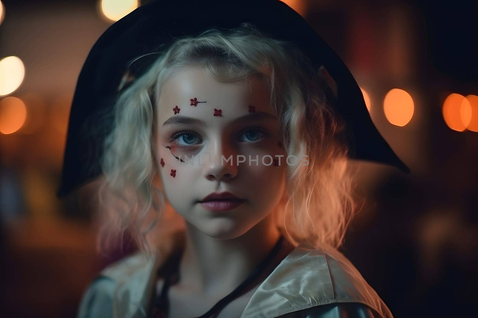 close portrait of young blonde caucasian girl dressed in costume for halloween party. Neural network generated in May 2023. Not based on any actual person, scene or pattern.