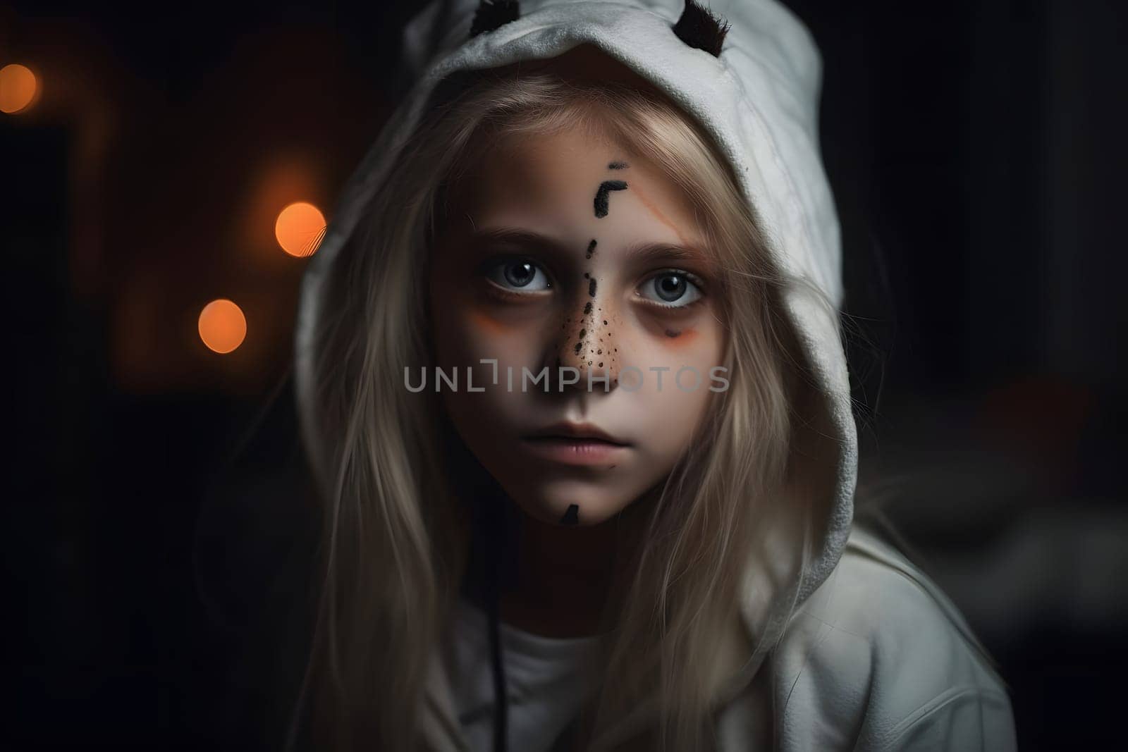 close portrait of young caucasian girl dressed in costume for halloween party. Neural network generated in May 2023. Not based on any actual person, scene or pattern.