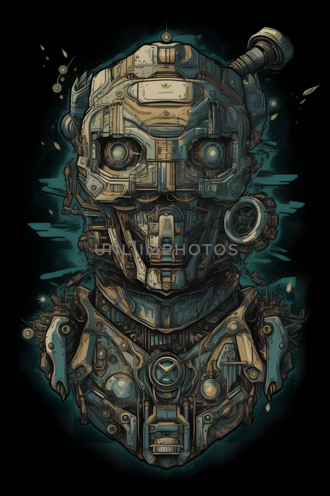 cool robot head on black background for t-shirt design, neural network generated image by z1b