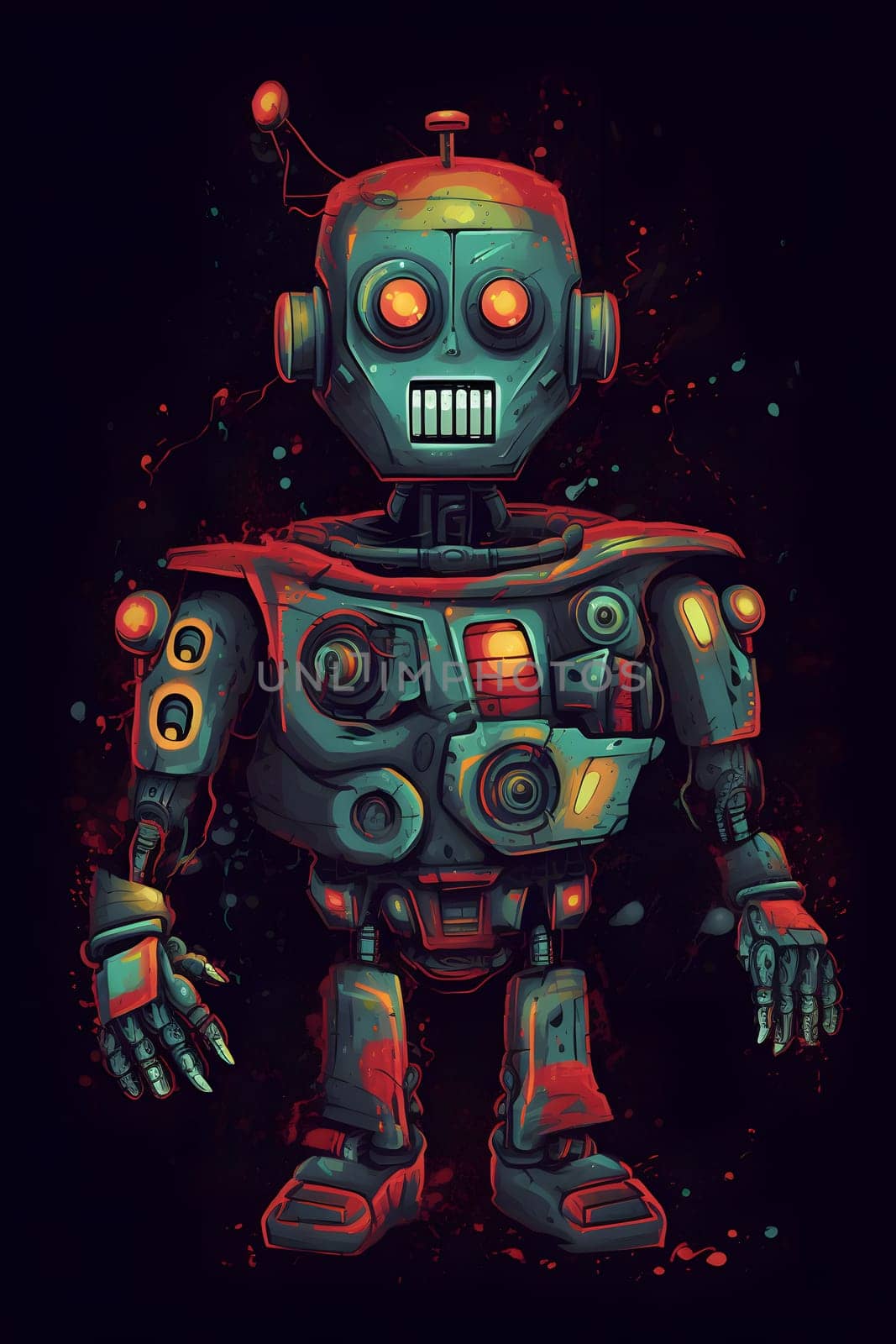 cool robot on black background for t-shirt design. Neural network generated in May 2023. Not based on any actual person, scene or pattern.