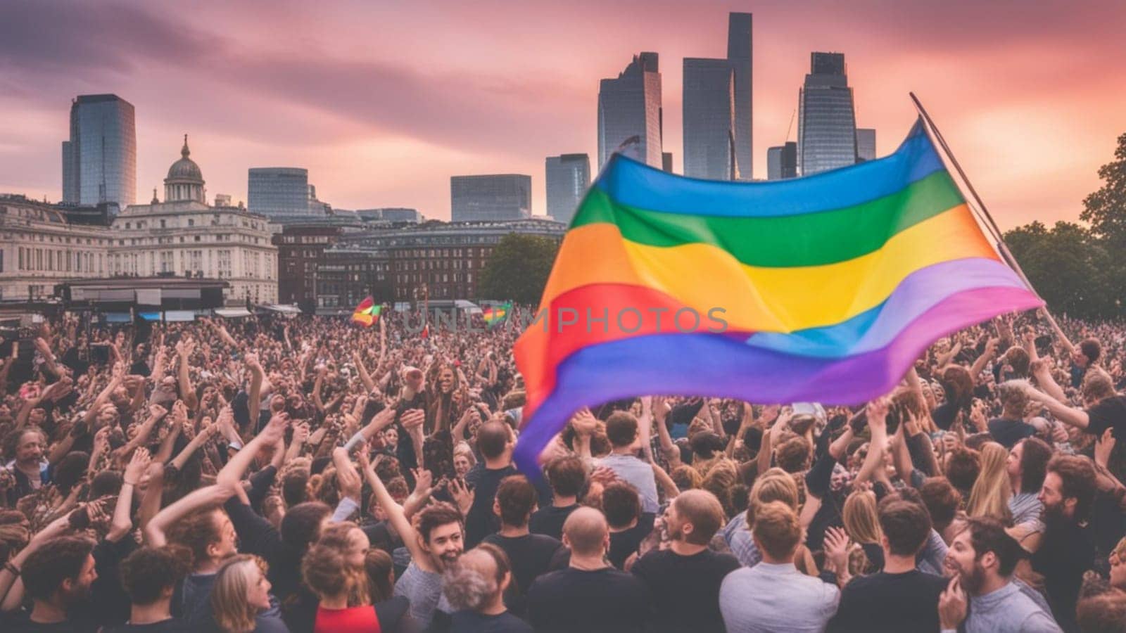 crowded lgbt community and activists celebrate gay pride parade, rainbow colours, big city ai genrative art illustration