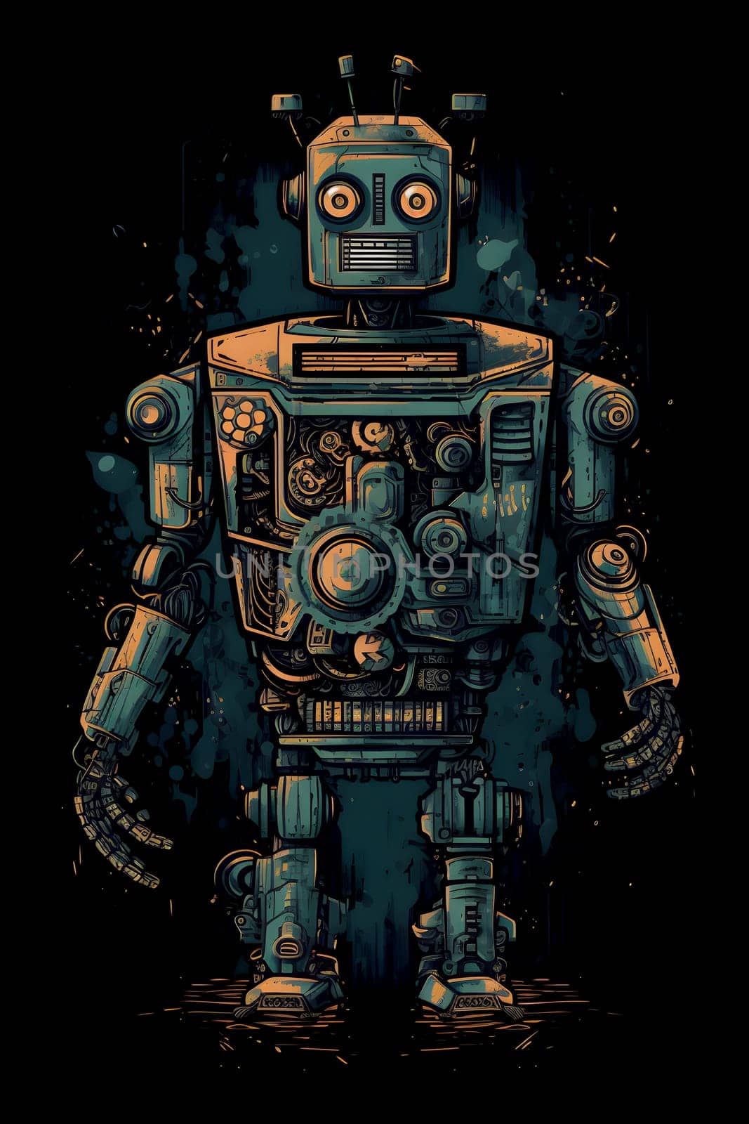 cool robot on black background for t-shirt design. Neural network generated in May 2023. Not based on any actual person, scene or pattern.