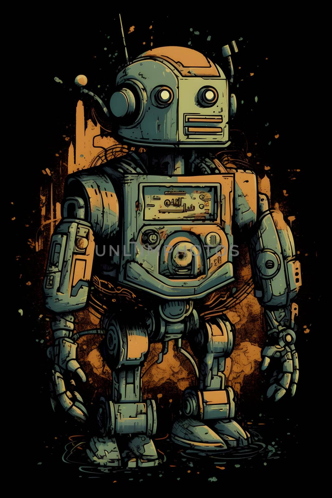 cool robot on black background for t-shirt design. Neural network generated in May 2023. Not based on any actual person, scene or pattern.