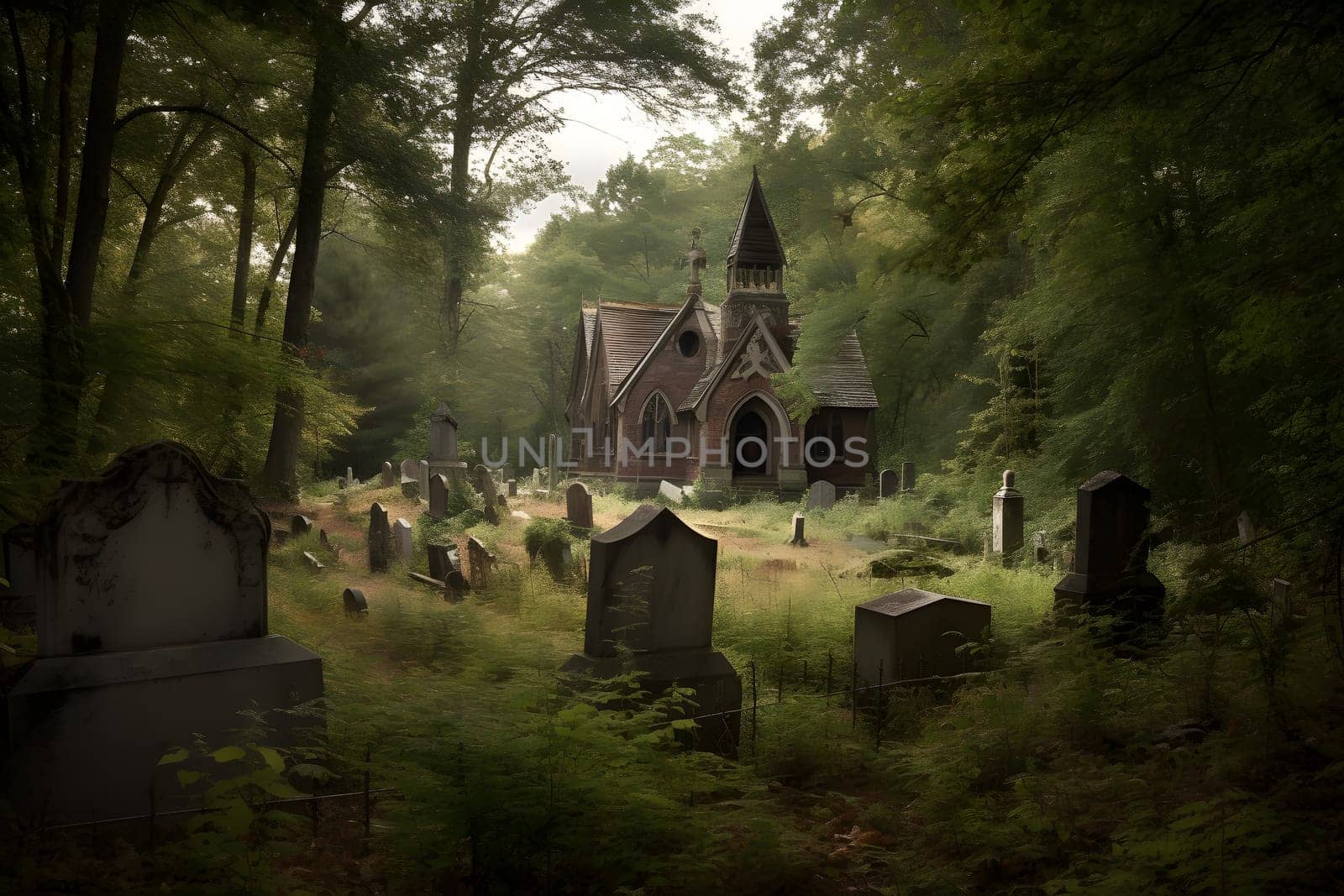 scary old abandoned graveyard and church in the woods at cloudy day, neural network generated photorealistic image by z1b