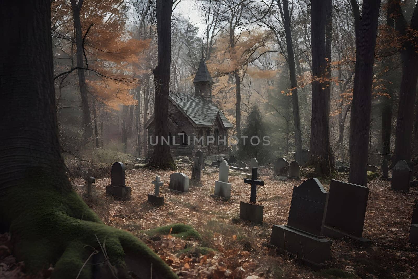 scary old abandoned graveyard and church in the woods at cloudy autumnal day, neural network generated photorealistic image by z1b