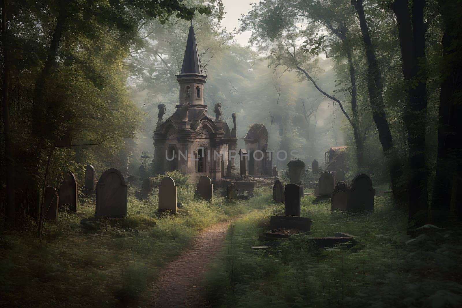 scary old abandoned graveyard and church in the woods at cloudy day, neural network generated photorealistic image by z1b