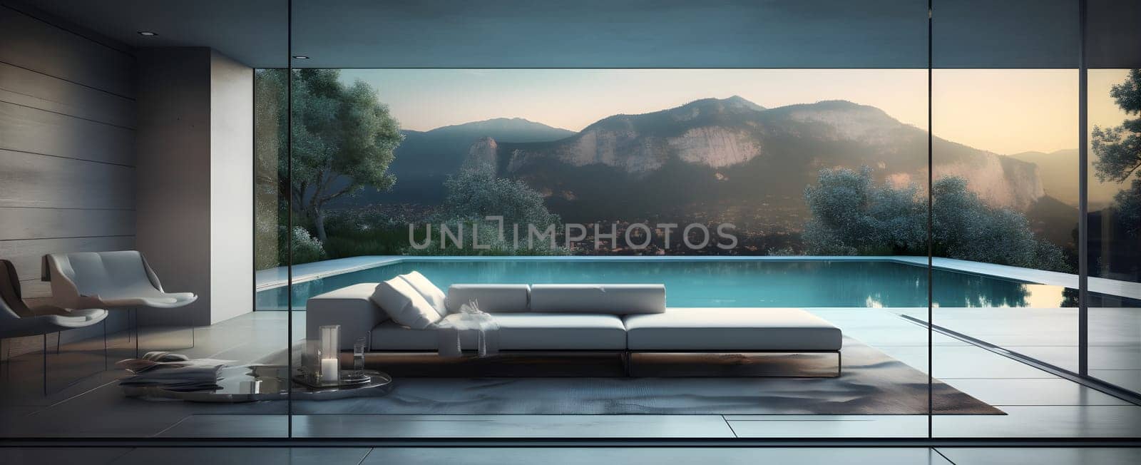 modern luxury lounge and pool area in the style of french landscaping, neural network generated photorealistic image by z1b