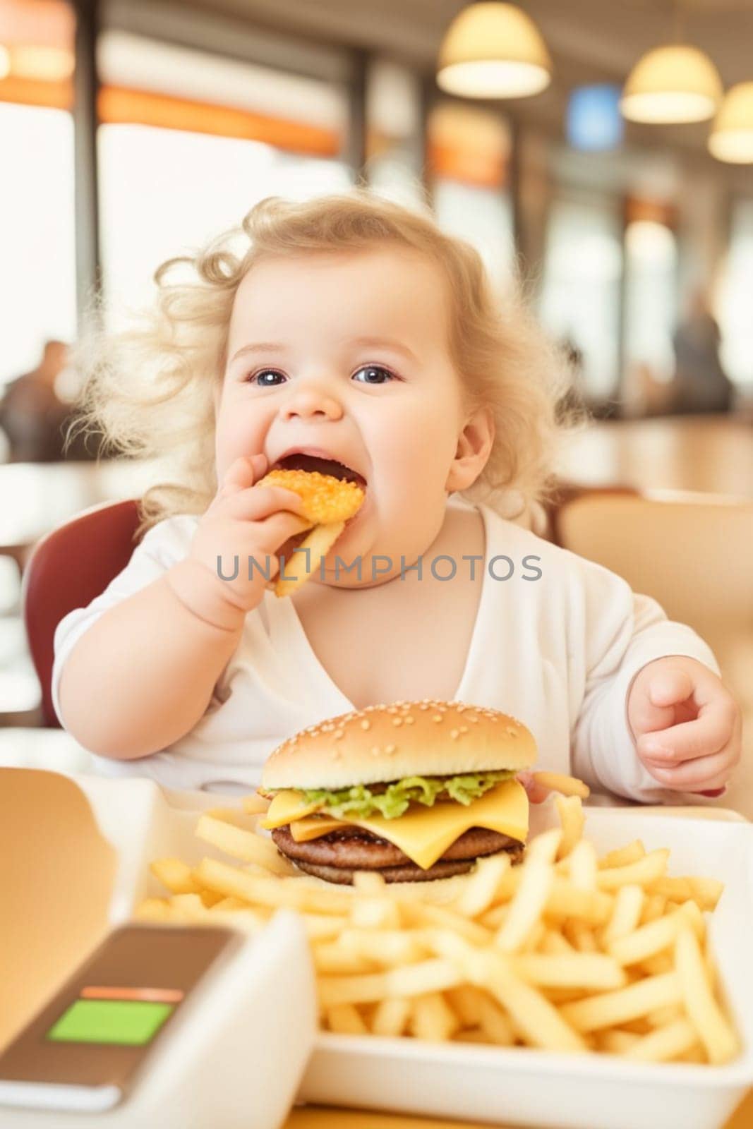 obese boy girl eating fast food , hamburger, french fries - unhealthy eating concept illustration by verbano