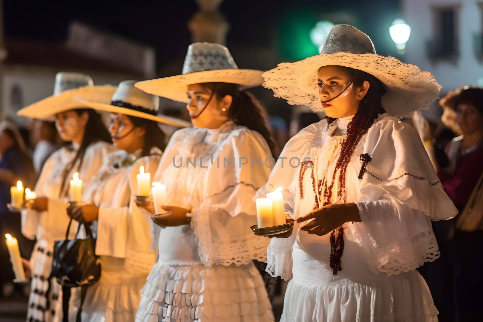 women with Catrina costumes and with skull make-up holding candles at the parade for dia de los muertos. Not based on any actual person, scene or pattern.