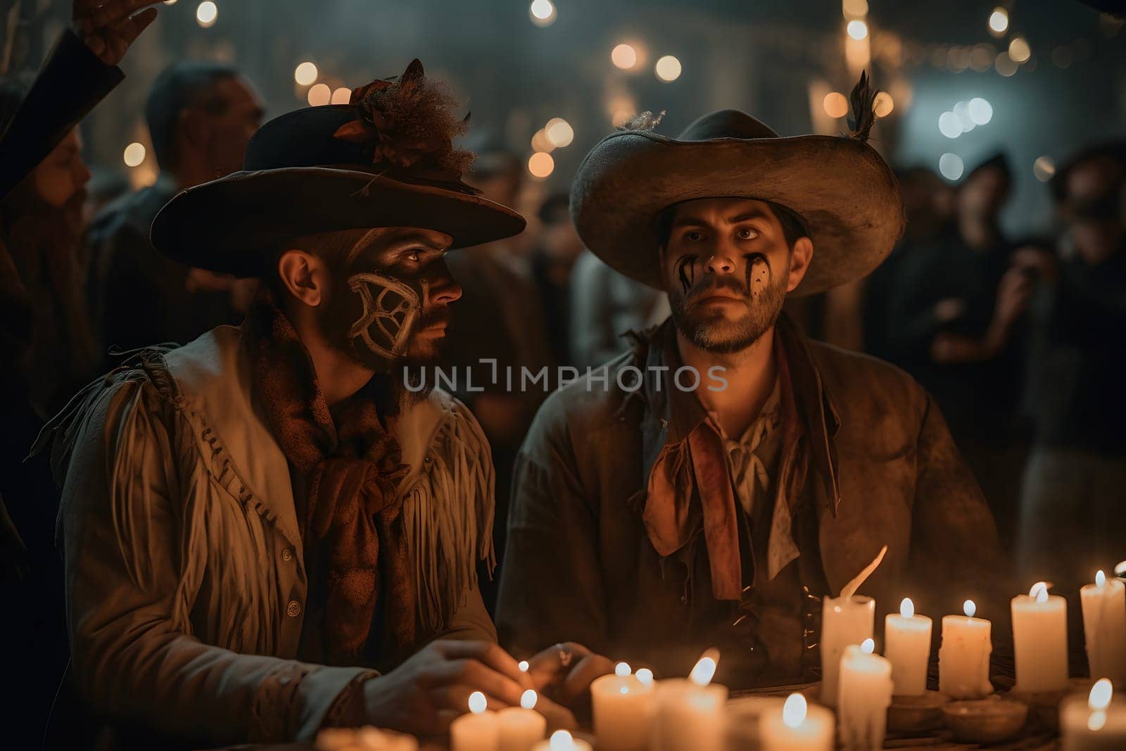 Two costumed cowboys with skull make-up in front of a table with candles at the event for dia de los muertos at night. Not based on any actual person or scene.