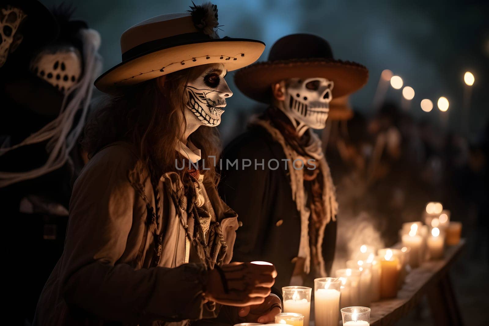 Two costumed cowboys with skull make-up in front of a table with candles at the event for dia de los muertos at night. Not based on any actual person or scene.