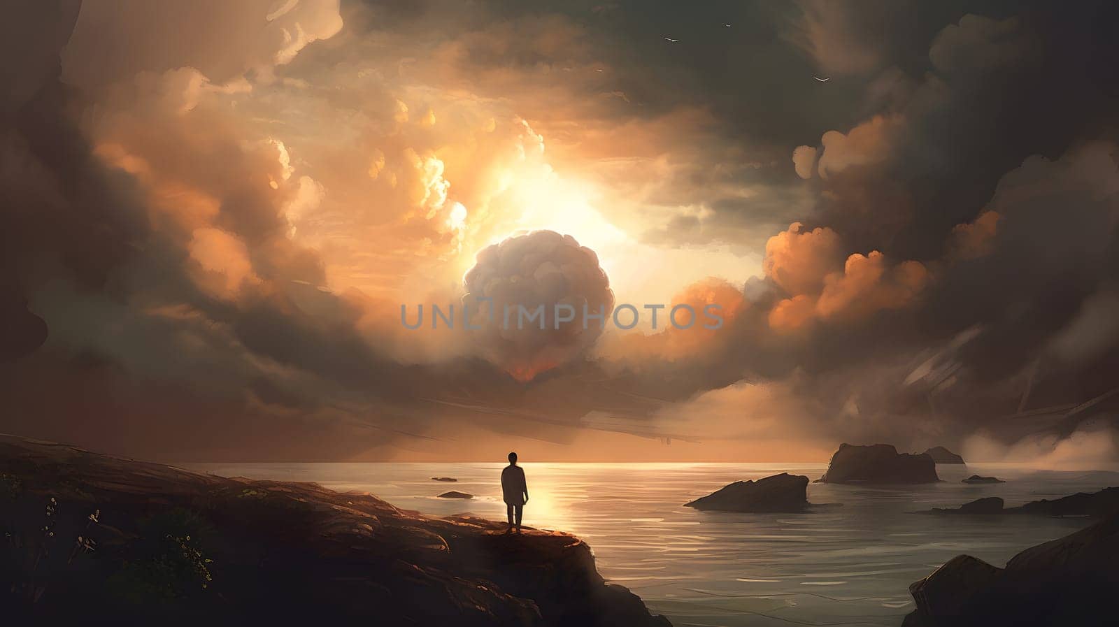 beautiful sunset in the clouds with alone human figure silhouette on sea shore in the background. Not based on any actual person, scene or pattern.
