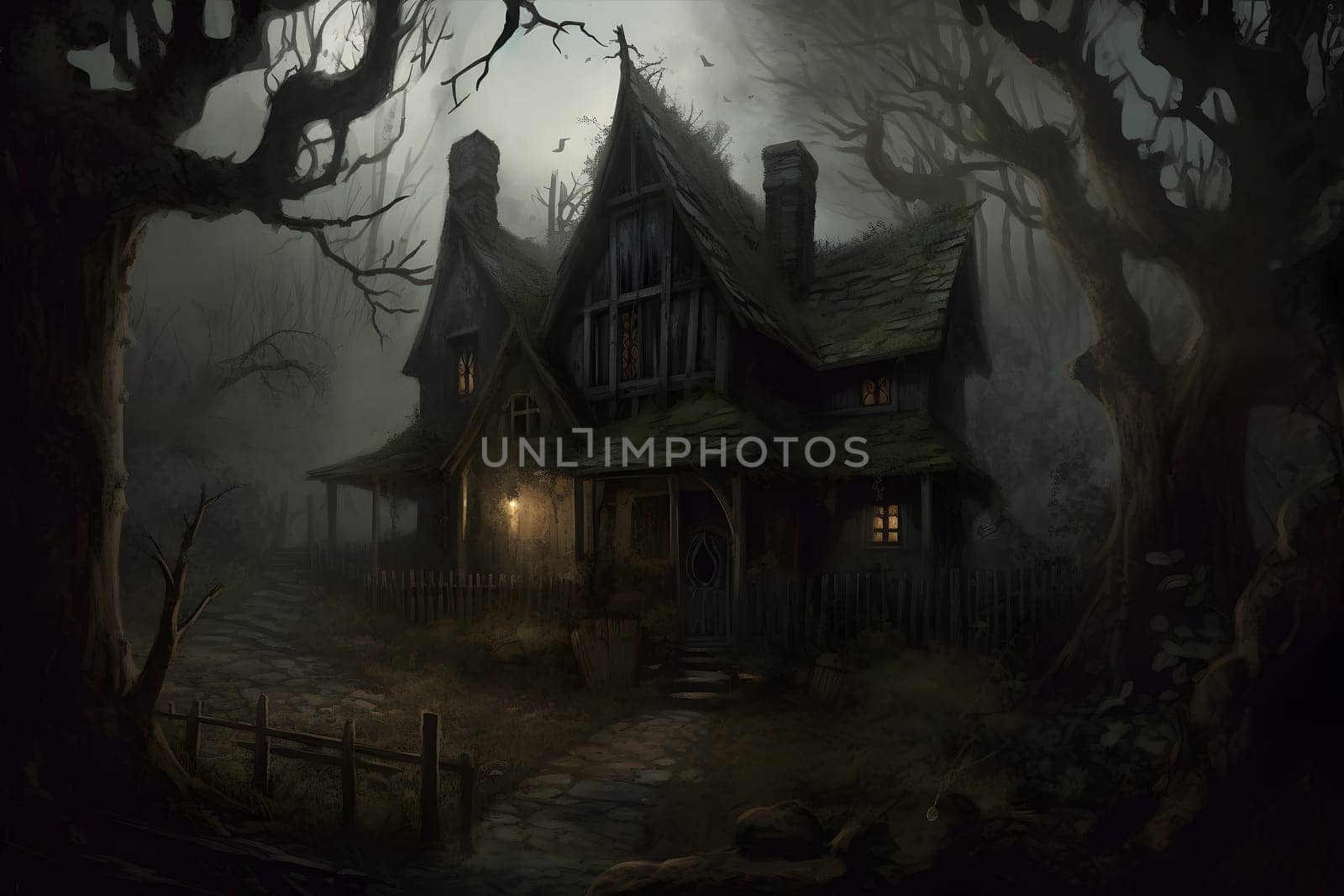 old witch house in spooky forest. Not based on any actual scene or pattern.