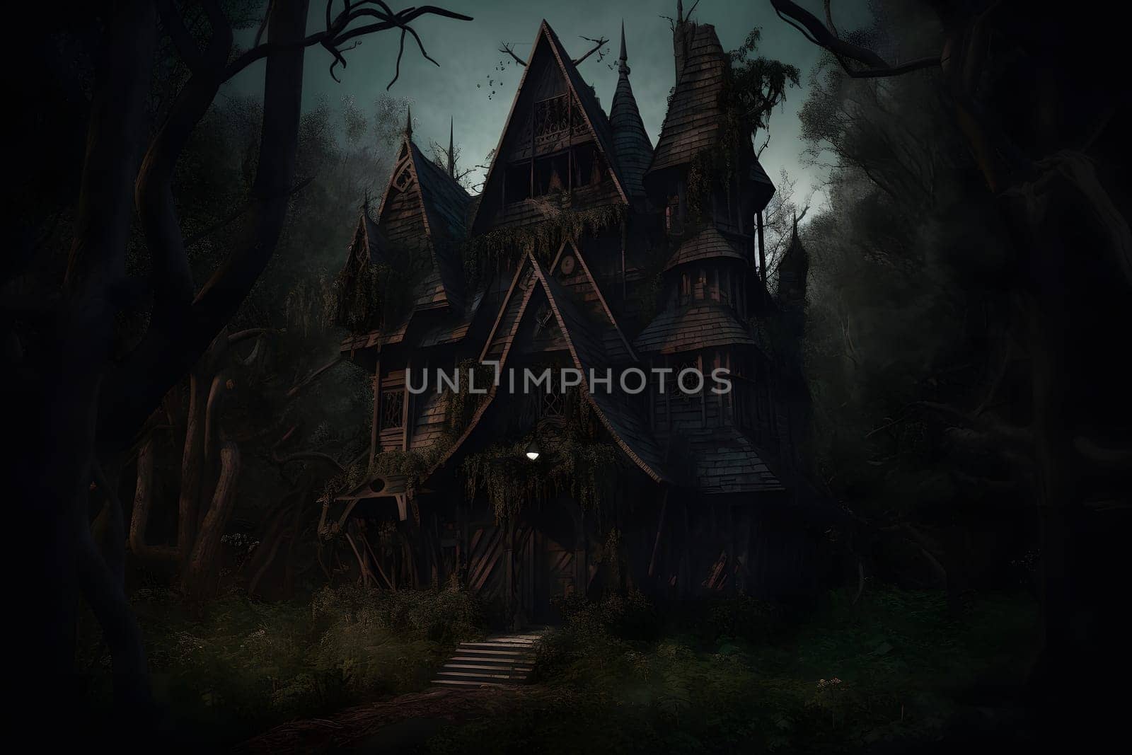 old witch house in spooky forest. Not based on any actual scene or pattern.