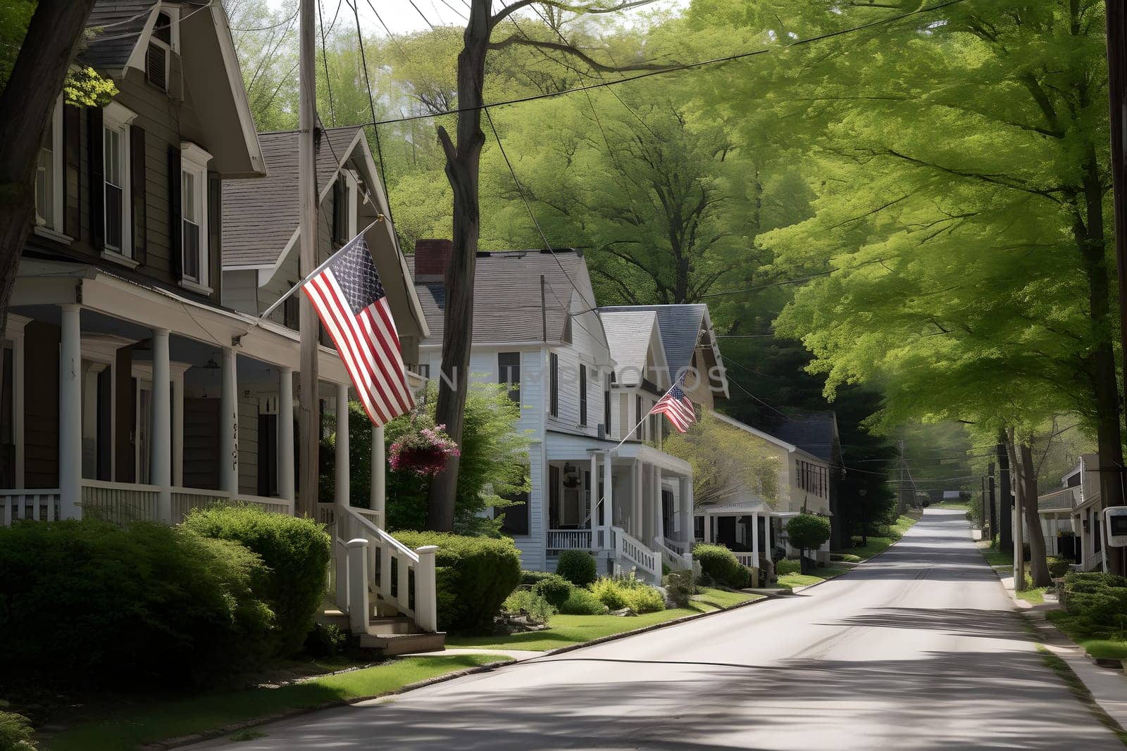 Neighborhood. USA flag waving on a quiet main street with american dream houses, neural network generated photorealistic image by z1b