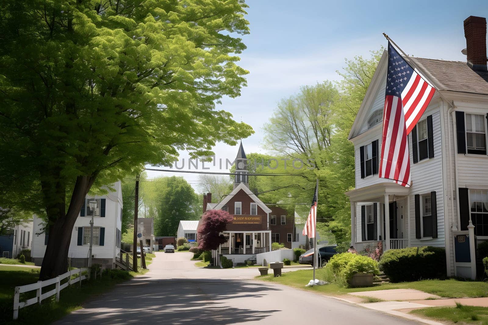 Neighborhood. USA flag waving on a quiet main street with american dream houses. Neural network generated in May 2023. Not based on any actual person, scene or pattern.