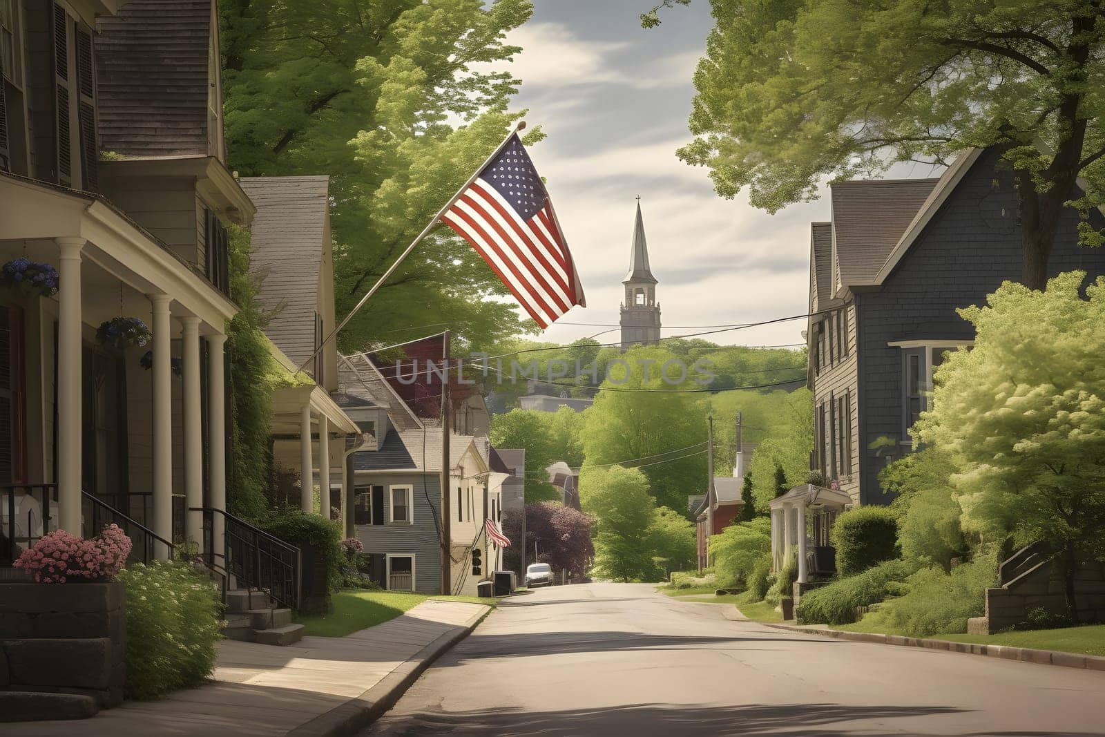 Neighborhood. USA flag waving on a quiet main street with american dream houses, neural network generated photorealistic image by z1b