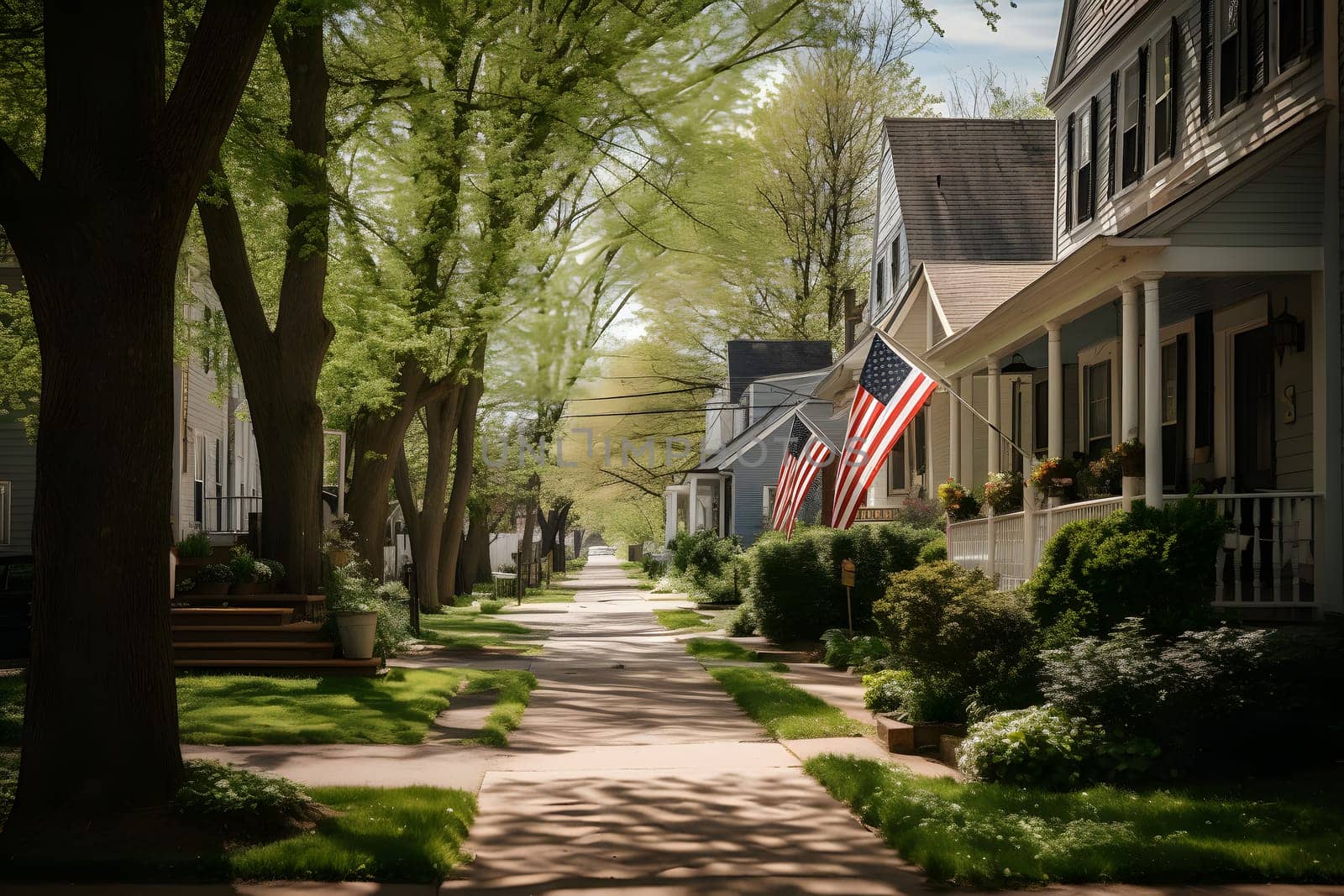 Neighborhood. USA flag waving on a quiet main street with american dream houses, neural network generated photorealistic image by z1b