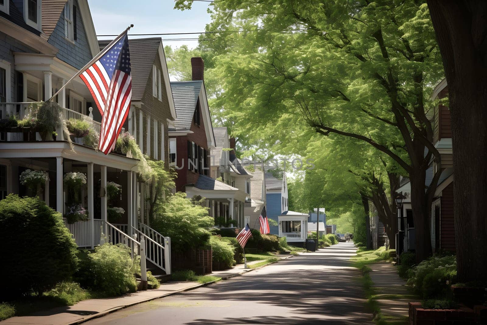 Neighborhood. USA flag waving on a quiet main street with american dream houses, neural network generated photorealistic image by z1b