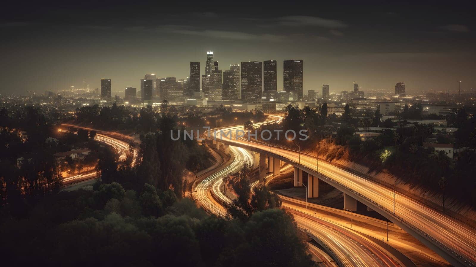 night cityscape skyline view of downtown Los Angeles style western city, neural network generated photorealistic image by z1b