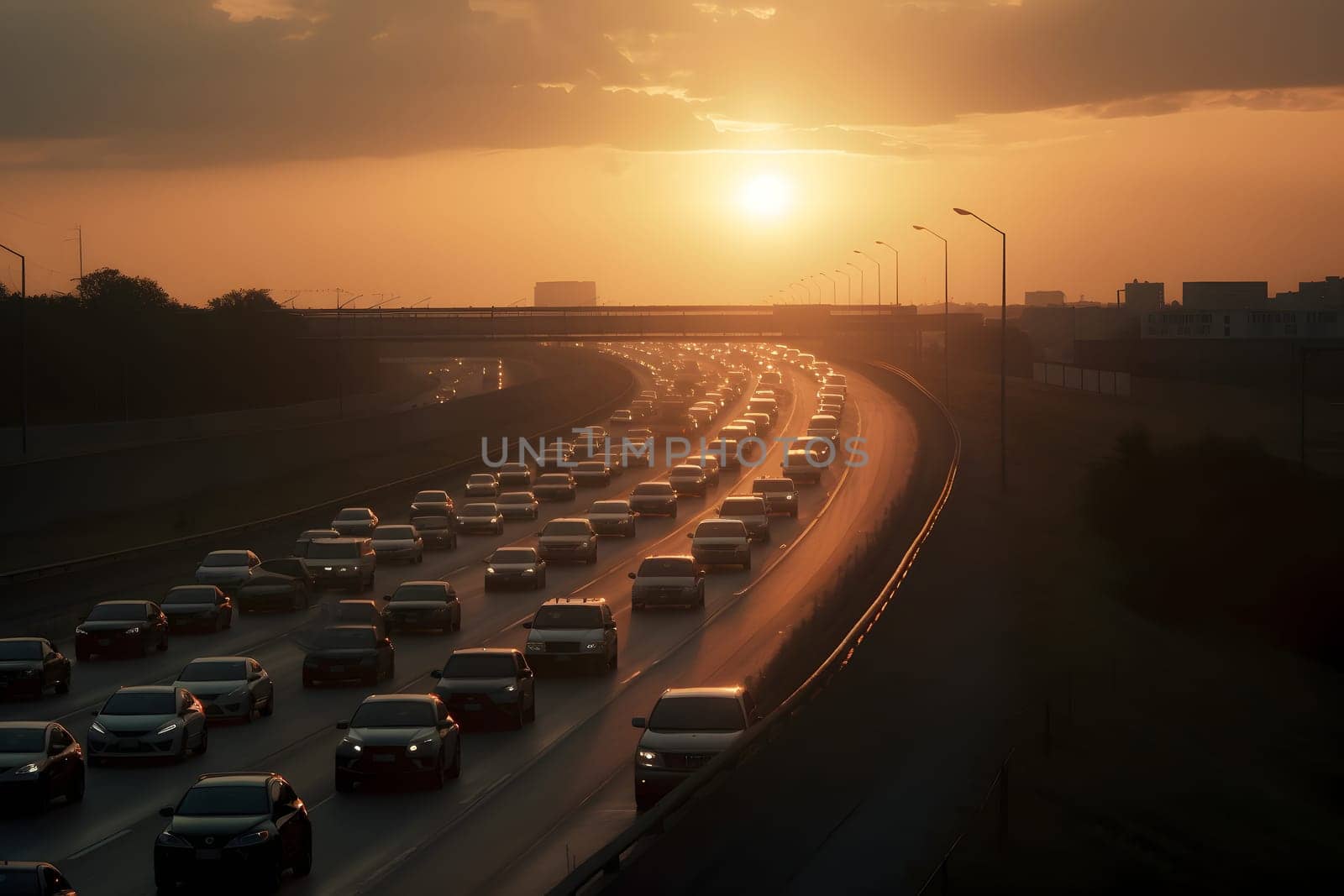 highway traffic in sunrise or sunset. Neural network generated in May 2023. Not based on any actual person, scene or pattern.