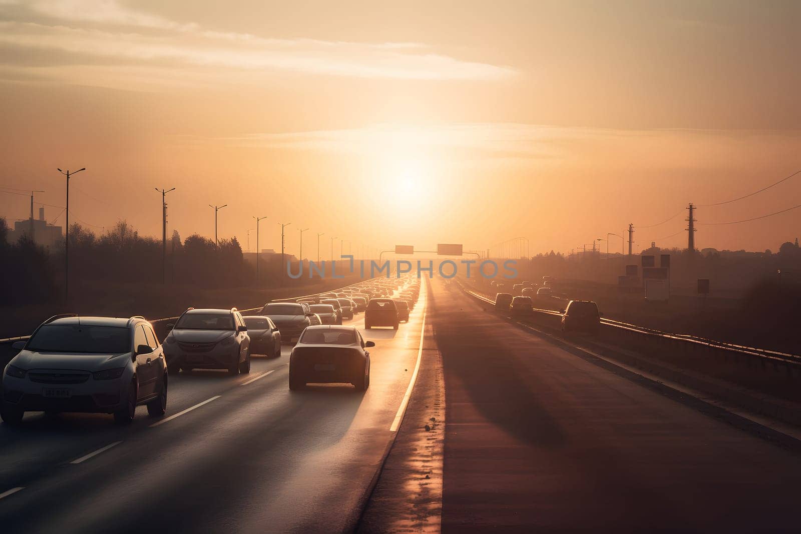 highway traffic in sunrise or sunset, neural network generated photorealistic image by z1b