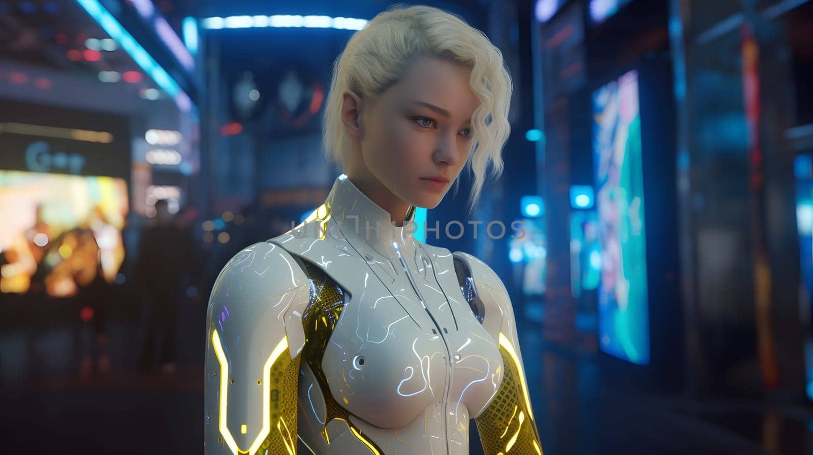 Pretty young adult caucasian woman with white hair wearing cybernetic jacket in cyberpunk setting. Neural network generated in May 2023. Not based on any actual person, scene or pattern.