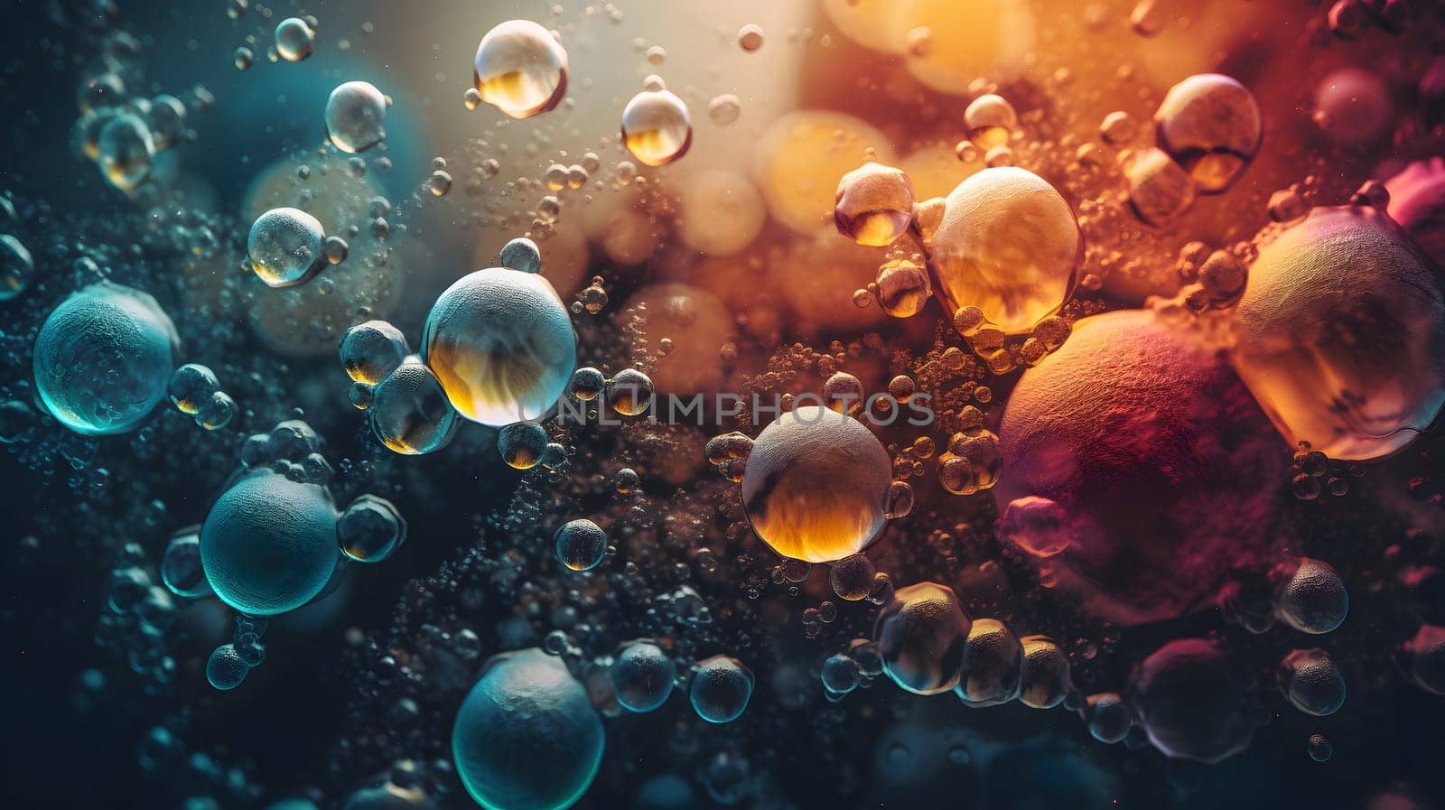 abstract background and wallpaper of clolorful bubbles in teal-orange tones. Neural network generated in May 2023. Not based on any actual scene or pattern.