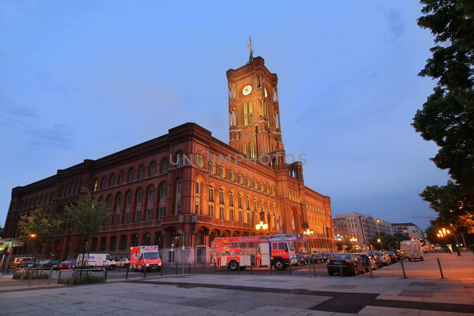 Fire brigade operation in front of the red town hall