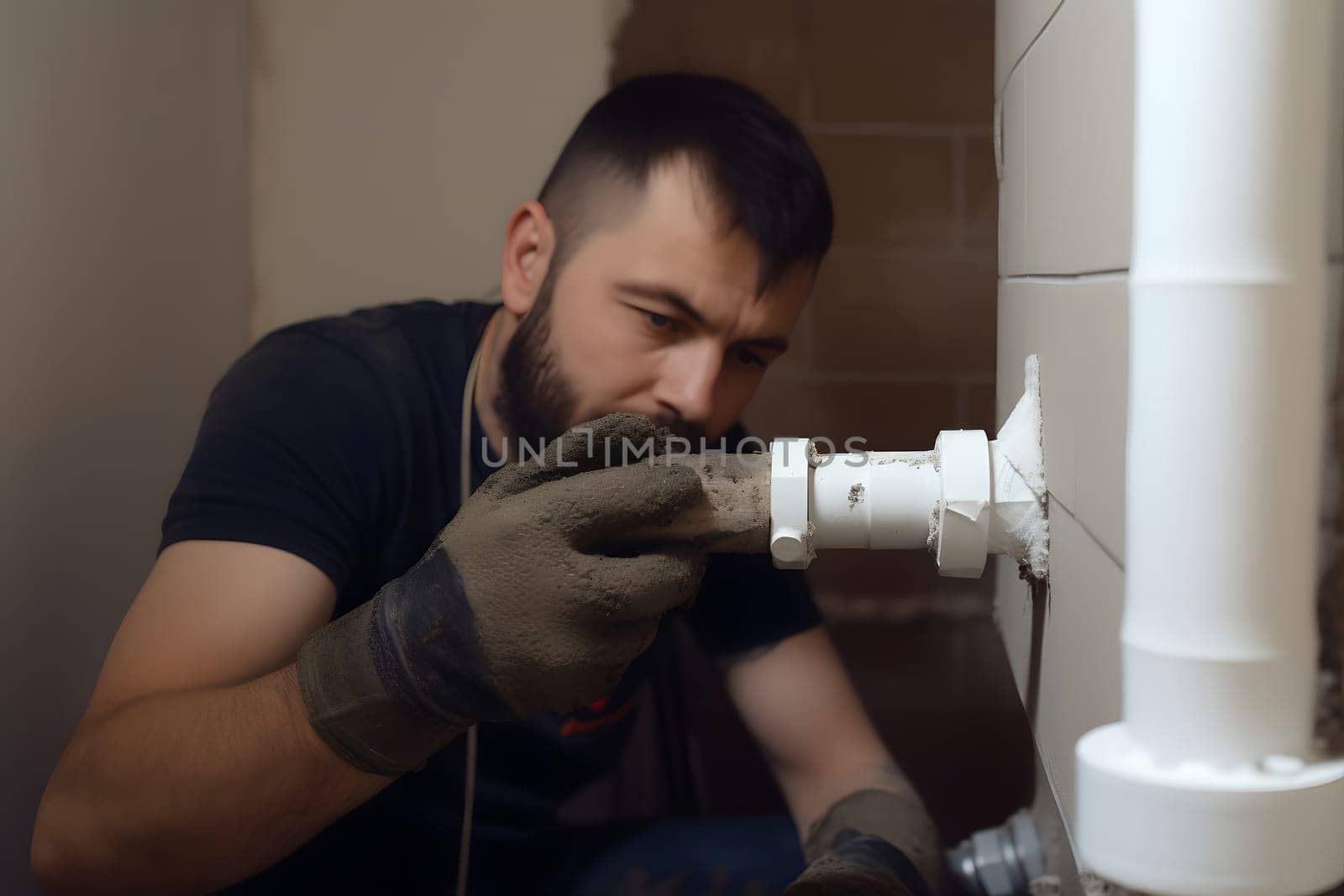 Plumber Fixing Pipe. Neural network generated in May 2023. Not based on any actual person, scene or pattern.