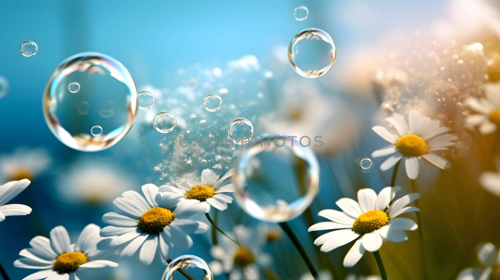 Spring motive light background and wallpaper with chamomiles, soap bubbles and bokeh, neural network generated photorealistic image by z1b