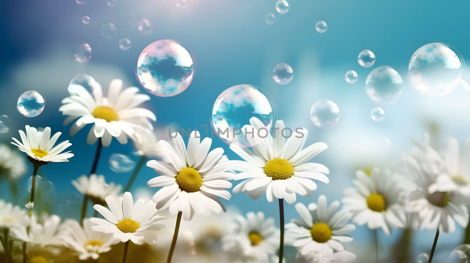 Spring motive light background and wallpaper with chamomiles, soap bubbles and bokeh. Neural network generated in May 2023. Not based on any actual scene or pattern.