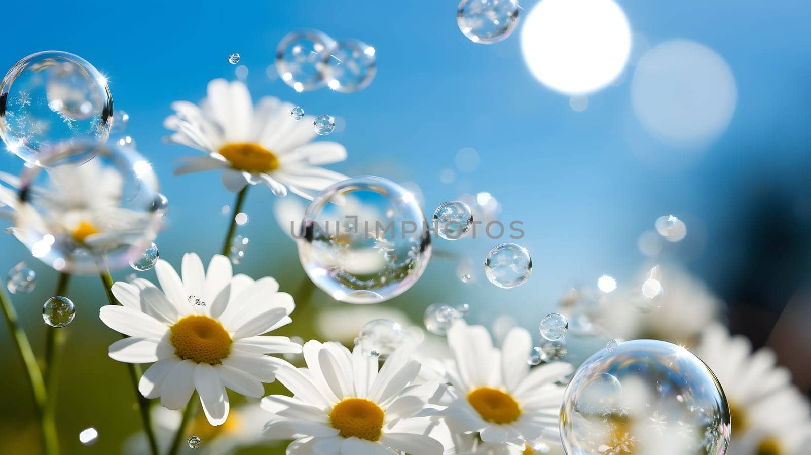 Spring motive light background and wallpaper with chamomiles, soap bubbles and bokeh. Neural network generated in May 2023. Not based on any actual scene or pattern.