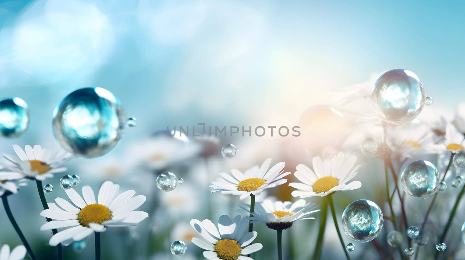 Spring motive light background and wallpaper with chamomiles, soap bubbles and bokeh, neural network generated photorealistic image by z1b