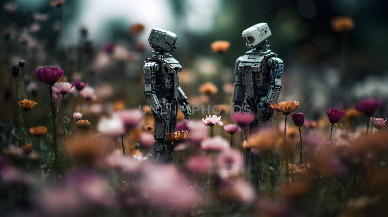 The future of androids in the style of floral surrealism. Neural network generated in May 2023. Not based on any actual person, scene or pattern.