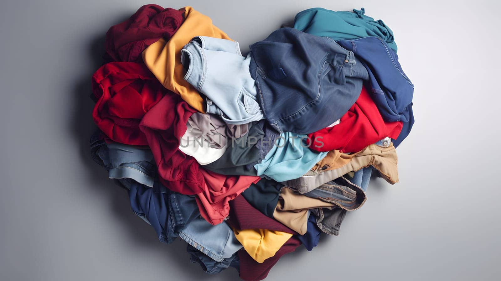used clothes folded to form a heart on light grey background. Neural network generated in May 2023. Not based on any actual person, scene or pattern.
