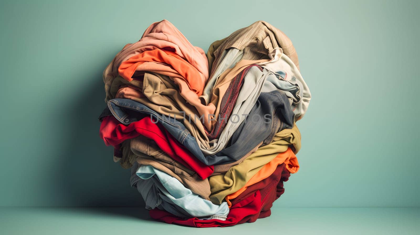 used clothes folded to form a heart on a light green background. Neural network generated in May 2023. Not based on any actual person, scene or pattern.