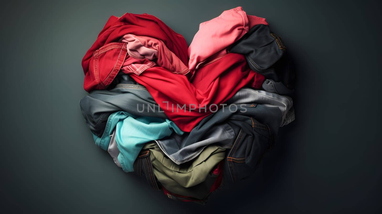 used clothes folded to form a heart on grey background, neural network generated photorealistic image by z1b
